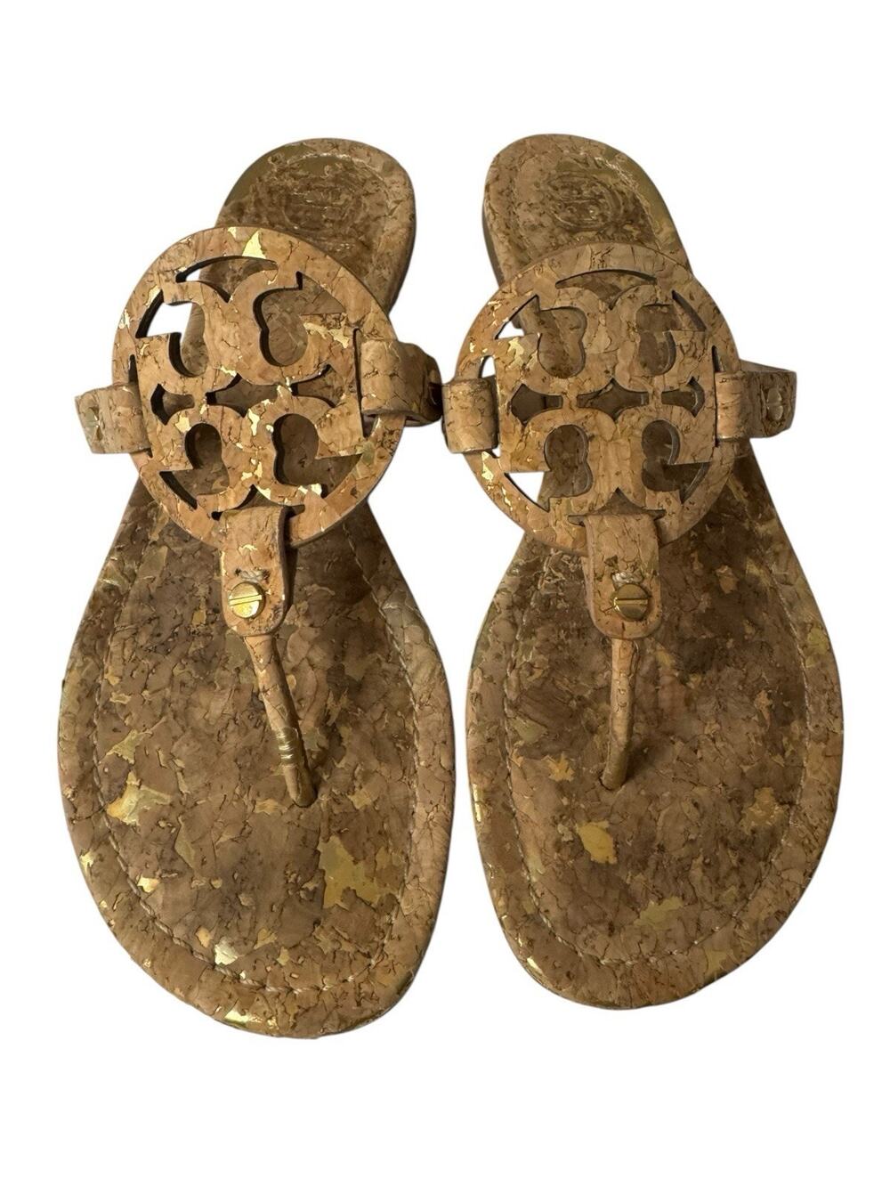 Tory Burch Miller Cork Neutral Thong Sandals Classic Logo Size US 8 Gold Flecks
